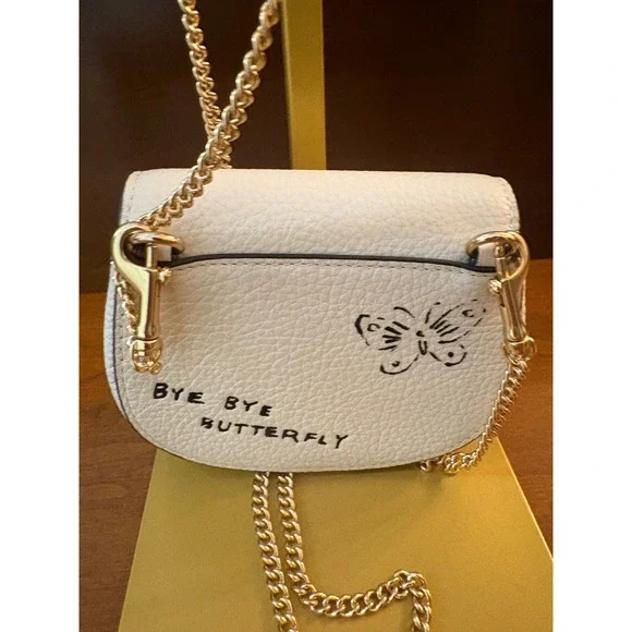 Coach Micro Crossbody Bag Womens Saddle Mini White Leather Butterfly Gold Chain - Picture 3 of 9